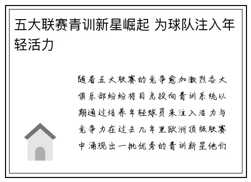 五大联赛青训新星崛起 为球队注入年轻活力